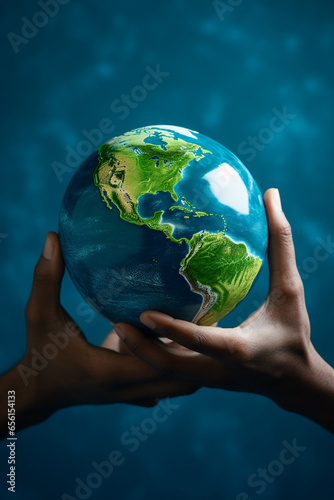 Hand holding a blue earth globe