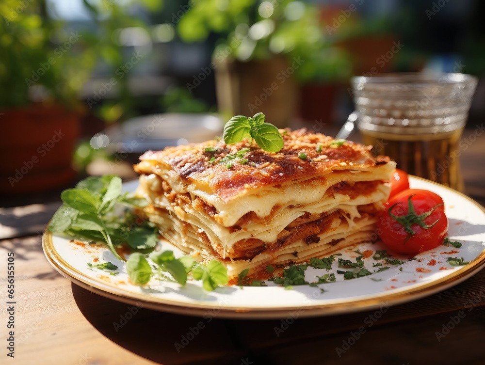Tasty lasagna with tomato and basil on a wooden table.