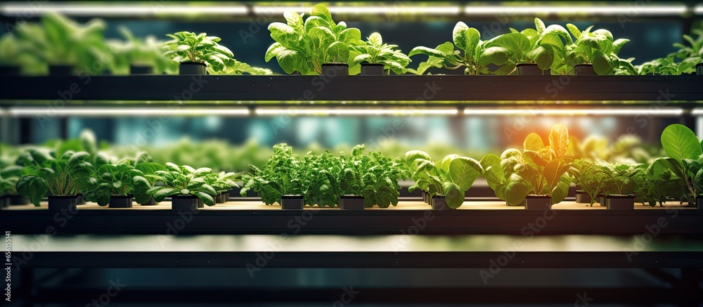 Indoor farm system utilizes and LED light to cultivate plants on shelves - obrazy, fototapety, plakaty 