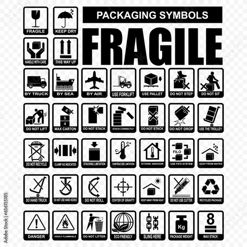 Packaging Symbols, set of black and white icons