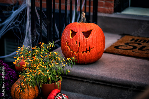 Halloween carved pumpkin face, outdoor decoration 