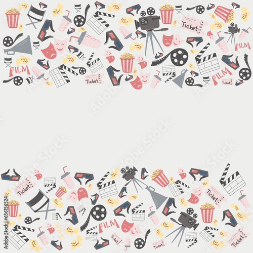 Vector illustration of square frame with movie cinema attributes equipment and copy-space in the middle. World cinema day,cinemas,design,card,poster concept.