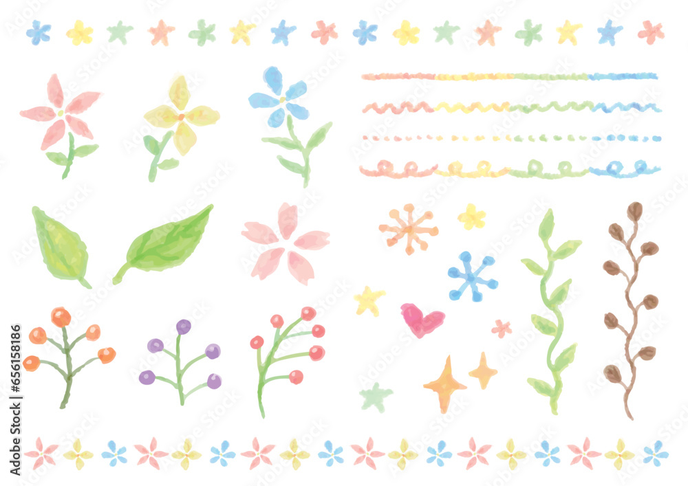 水彩風の花や植物とカラフルな飾り線のセット