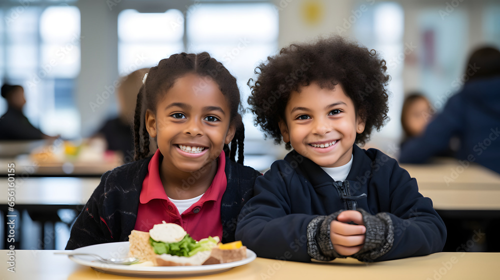 Happy young boy and girl children eating at school lunch table smiling to camera