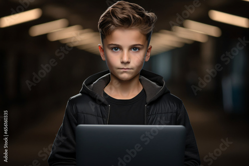 front view handsome young boy holding laptop