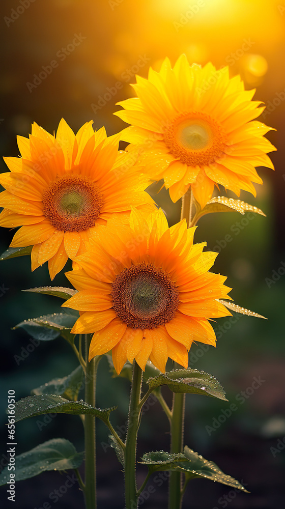 Fototapeta premium The best photo of 3 sunflowers that are beautiful and realistic. Natural blur background,8k