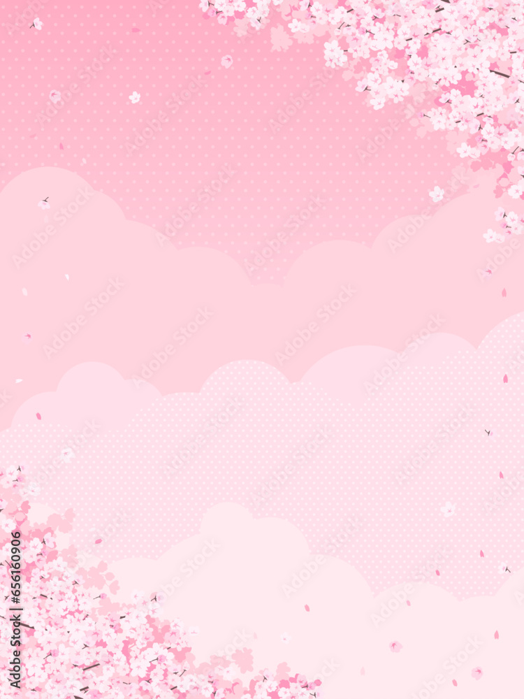 満開の桜とピンク色の雲・空　背景素材（縦向き）