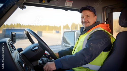 Happy truck driver smiling to camera while sitting in driver seat