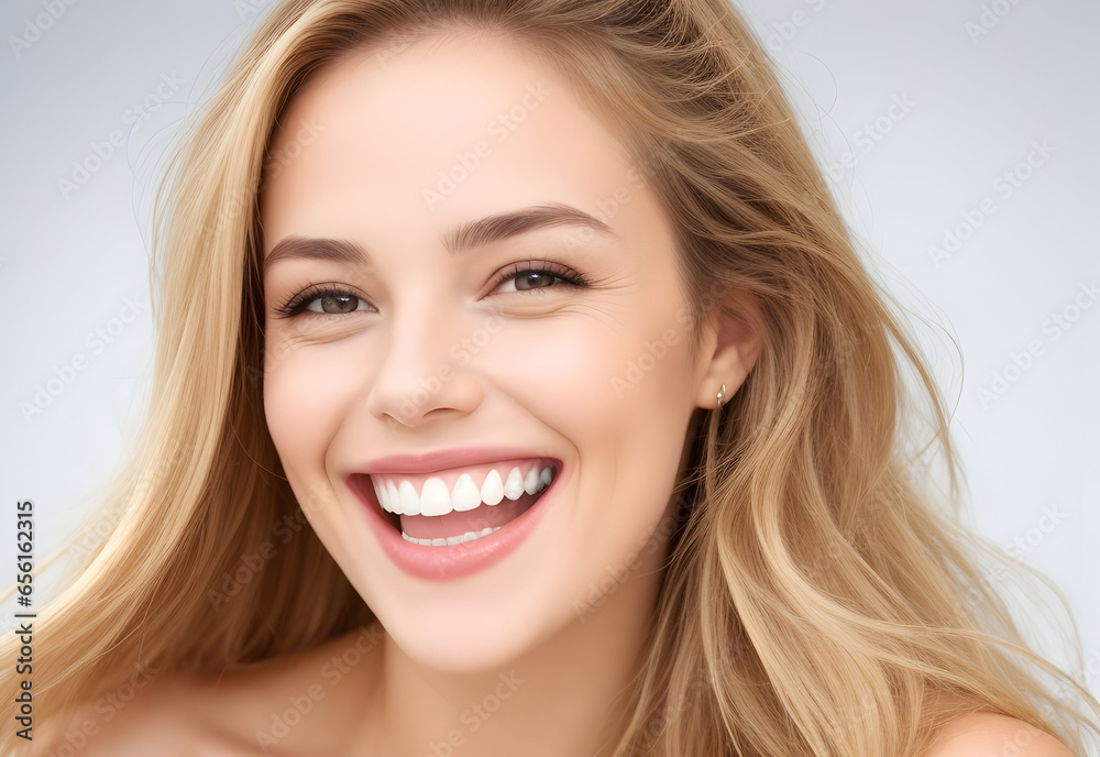 Portrait of adorable young woman model smiling with open mouth showing teeth, Woman Smiling White Teeth Portrait of adorable young woman model smiling with open mouth showing teeth, Woman Smiling White Teeth