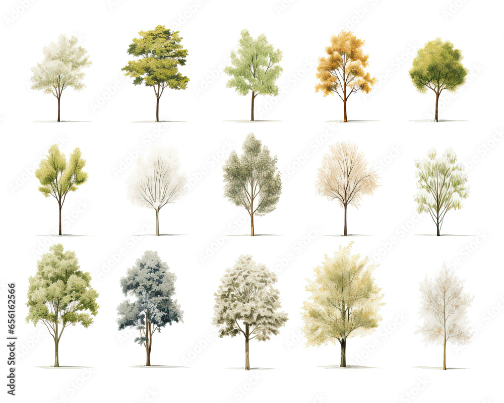 Fototapeta premium Serenity in Nature: Isolated Set of Trees Illustrations on White Background