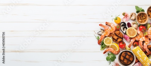 Top view of a Summer BBQ spread with chicken and shrimp skewers flatbread stuffed sweet potato grilled fruit corn and salad on a white wood banner background
