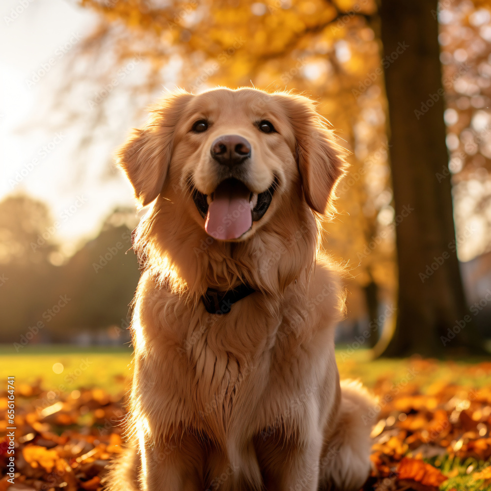 Golden retriever, photography, golden, furry, playful, in a park with autumn leaves, joyful, soft afternoon light, warm golds and browns Generative AI Golden retriever, photography, golden, furry, playful, in a park with autumn leaves, joyful, soft afternoon light, warm golds and browns Generative AI