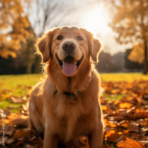 Golden retriever  photography  golden  furry  playful  in a park with autumn leaves  joyful  soft afternoon light  warm golds and browns Generative AI 