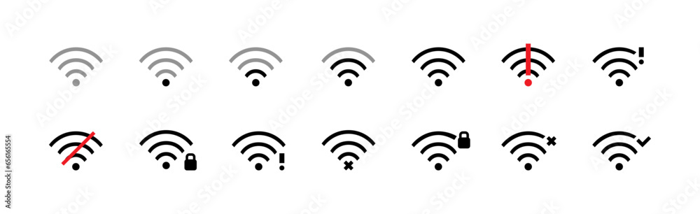 Set of wireless connection icons. No signal, secure connection and others. Pixel perfect, editable stroke icon - obrazy, fototapety, plakaty 