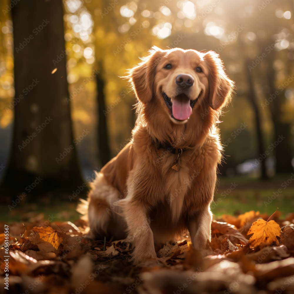 Golden retriever, photography, golden, furry, playful, in a park with autumn leaves, joyful, soft afternoon light, warm golds and browns Generative AI Golden retriever, photography, golden, furry, playful, in a park with autumn leaves, joyful, soft afternoon light, warm golds and browns Generative AI