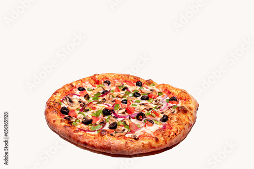 Supreme. deluxe pizza on a white background with area for personal message