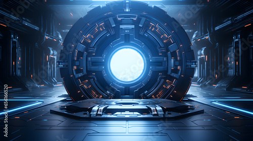 A Sci-fi Circular product podium showcase base platform in the style of space ship 