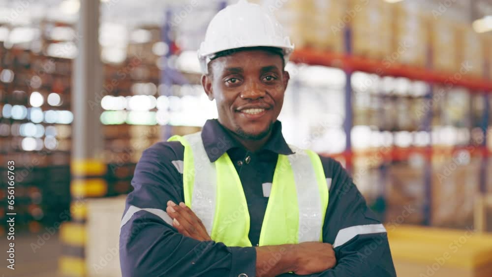 Handsome african man and happy professional worker wearing safety hard hat, Smiling and looking to camera. Big warehouse with shelves full of stock Handsome african man and happy professional worker wearing safety hard hat, Smiling and looking to camera. Big warehouse with shelves full of stock