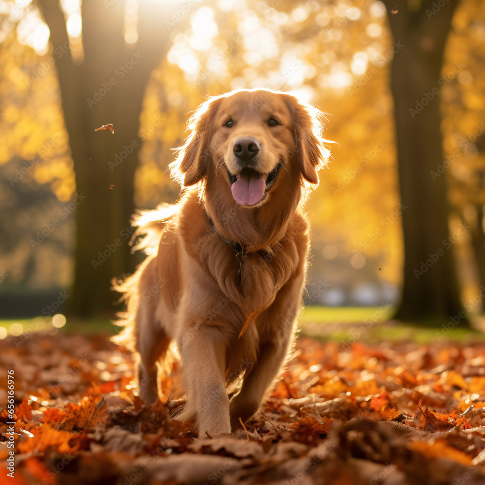 Golden retriever, photography, golden, furry, playful, in a park with autumn leaves, joyful, soft afternoon light, warm golds and browns Generative AI	