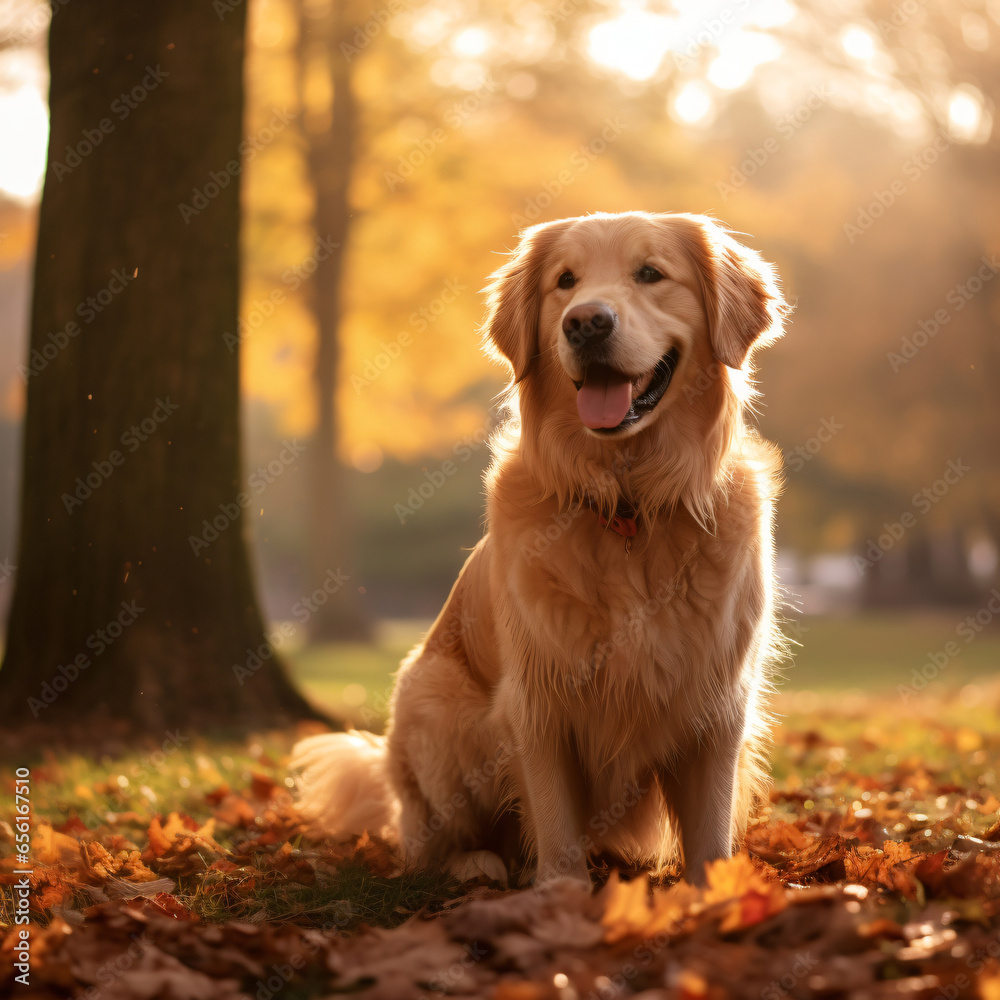 Golden retriever, photography, golden, furry, playful, in a park with autumn leaves, joyful, soft afternoon light, warm golds and browns Generative AI Golden retriever, photography, golden, furry, playful, in a park with autumn leaves, joyful, soft afternoon light, warm golds and browns Generative AI