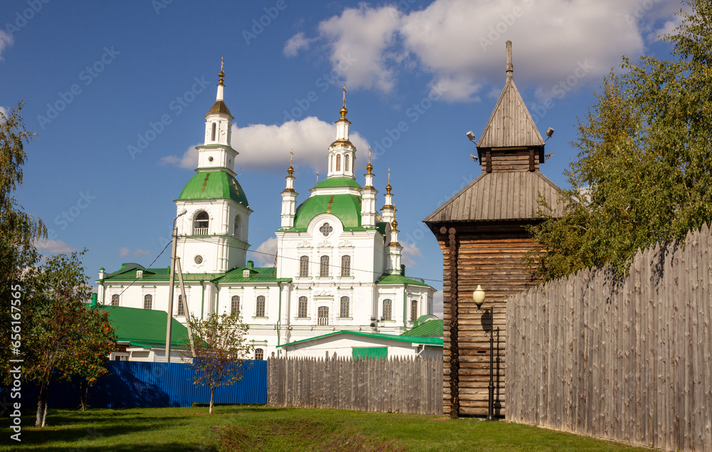 Sretensky cathedral, wooden tower and stokade in Yalutorovsk, Tyumen oblast, Siberia