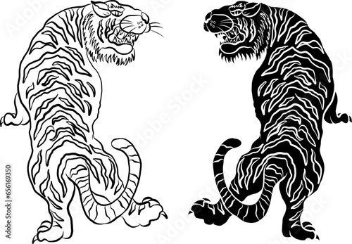 Outline and doodle art Tiger vector is on white background.Drawing tiger for tattoo.