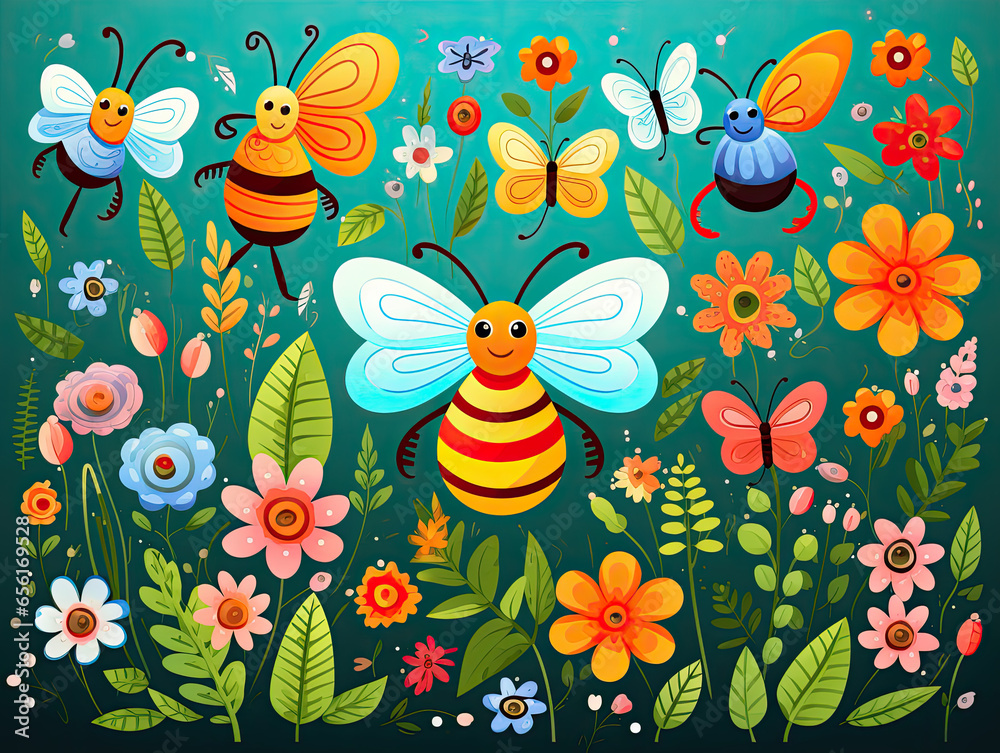 Explore Nature with Cute Cartoon Insects and Flowers in a Colorful Garden