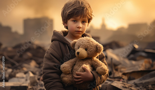 a young boy is holding a teddy bear, humanity's struggle,  victims of earthquakes, wars, and natural disasters