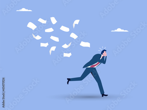 Overwhelmed or work overload, exhausted and anxiety, stressed and tired from problem and trouble, panic attack or shocked, burnout and depression concept, fearful businessman runaway from. vector.