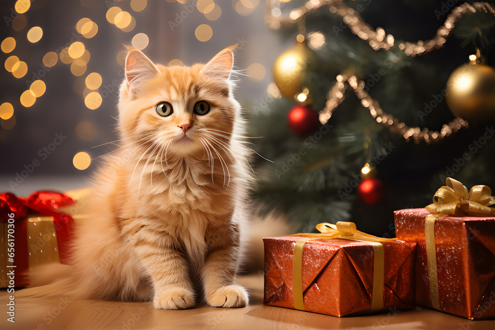 Fototapeta premium CAT laying next to a christmas tree with gifts ai generative