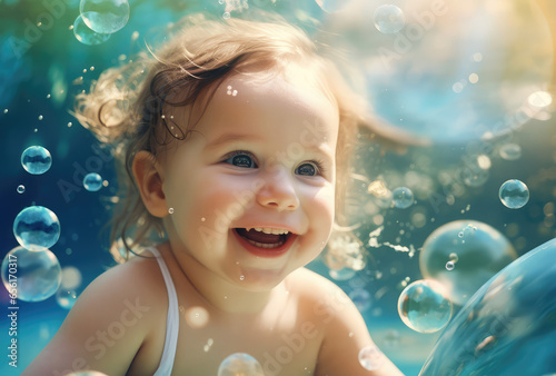 baby smiling in the pool with bubbles