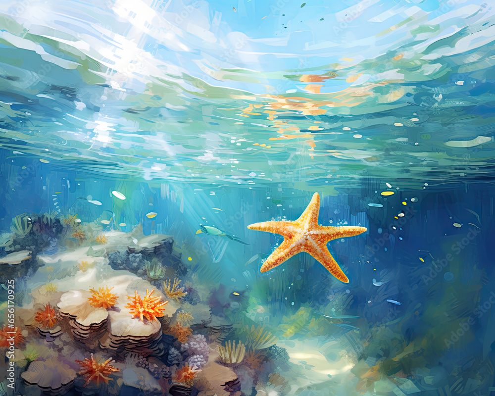 Playful Starfish Under the Sun - Vibrant Ocean Illustration Playful Starfish Under the Sun - Vibrant Ocean Illustration