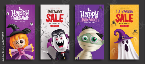 Halloween sale vector poster set design. Happy halloween greeting text with cute characters in postcard lay out collection. Vector illustration holiday season tags lay out.
