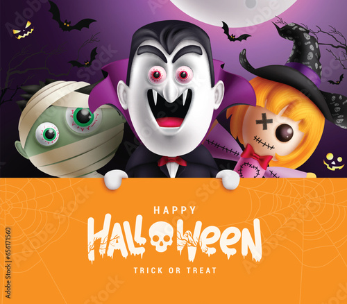 Halloween happy text vector template design. Happy halloween greeting card with creepy mummy, spooky dracula and scary witch characters holding yellow space for typography. Vector illustration trick 
