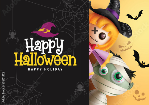 Happy halloween text vector template design. Halloween greeting card in black space with cute witch girl and spooky mummy boy characters for holiday celebration. Vector illustration invitation card 