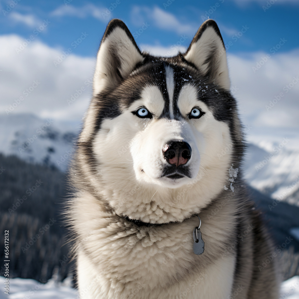 Husky, photography, blue-eyed, fluffy, majestic, on a snowy mountain trail, adventurous, bright midday light, cool whites and grays Generative AI