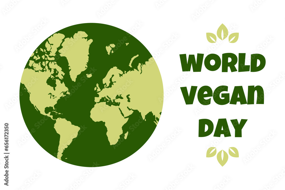 World Vegan Day. Holiday concept with Earth and text for cards, stickers, banners and posters. Horizontal vector Illustration