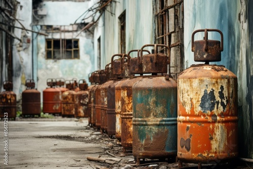 Rusted gas bottles in front of a house wall