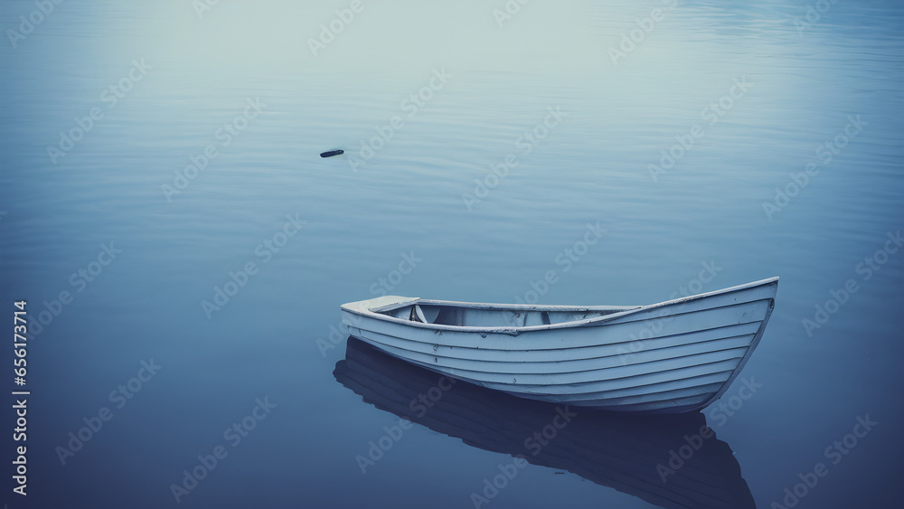 Analog style boat in a lake. Tranquil Waters. A Solitary Journey on a Blue Lake. Generative AI Analog style boat in a lake. Tranquil Waters. A Solitary Journey on a Blue Lake. Generative AI