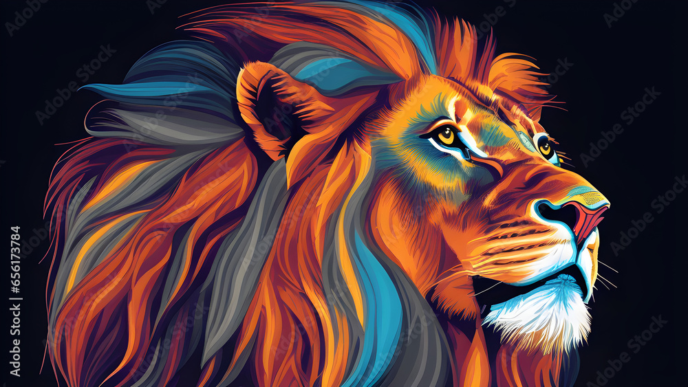 Analog style lion portrait made with colorful paints and natural materials. Majestic Lion. Wild Beauty and Power in Nature's Portrait. Cartoon lion. Generative AI