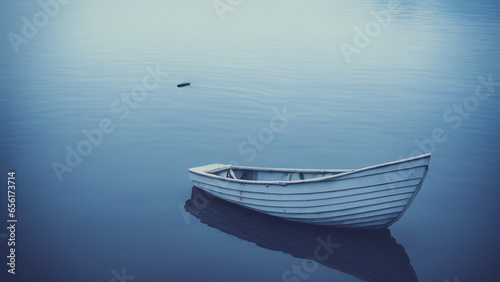 Analog style boat in a lake. Tranquil Waters. A Solitary Journey on a Blue Lake. Generative AI