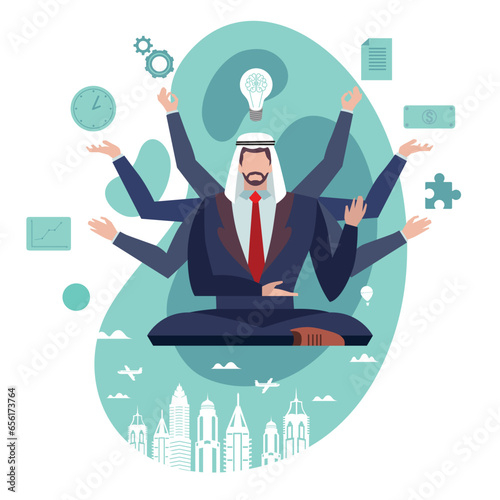 Businessman with multitasking skills. Arabian Man in suit with many arms working on different tasks at the same time. Time management and self improvement.