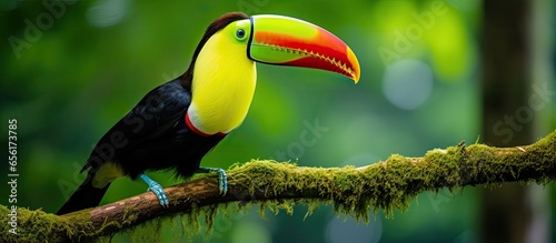 Nature travel in Central America to Boca Tapada Costa Rica where a colorful bird with a large bill perches on a forest branch amidst green vegetation