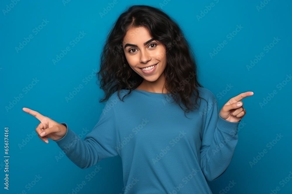 Woman pointing with her fingers left and right on blue background Thumbnail Indicator Directions Woman pointing with her fingers left and right on blue background Thumbnail Indicator Directions