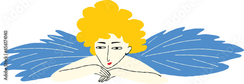 retro illustration of angel man with wings and lovely face . Hand drawn cartoon character in doodle style
