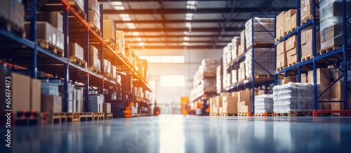 High quality photo of an industrial warehouse with shelving goods and a business background photo