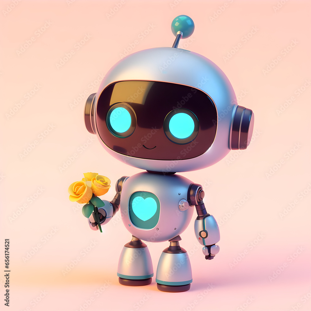 3D cute robot with a flower, created with Generative AI technology. 3D cute robot with a flower, created with Generative AI technology.