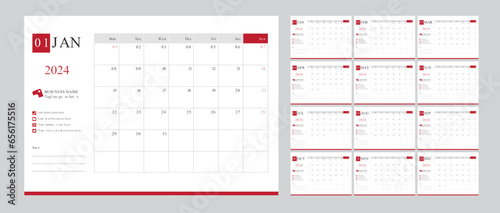 Desk monthly calendar template for 2024 year for business in a minimalist style