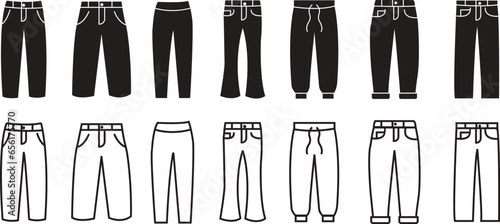 set of black flat pant icons. different style Joggers trousers or pants symbol simple silhouette with editable stock icons collection isolated on transparent background. Jeans clothing symbol and logo