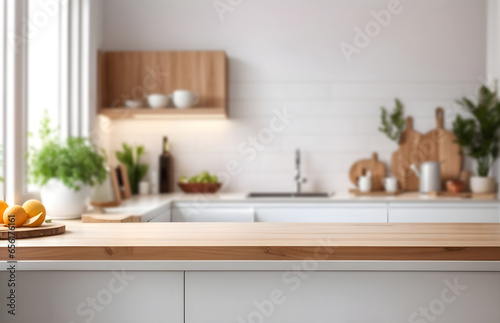 Wooden light empty table top in modern white kitchen and blurred background